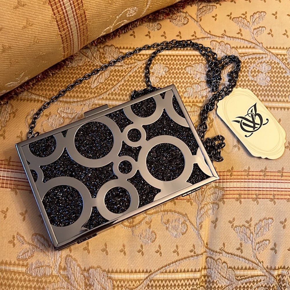 Black and Silver Clutch Evening Bag with Cross Body Chain